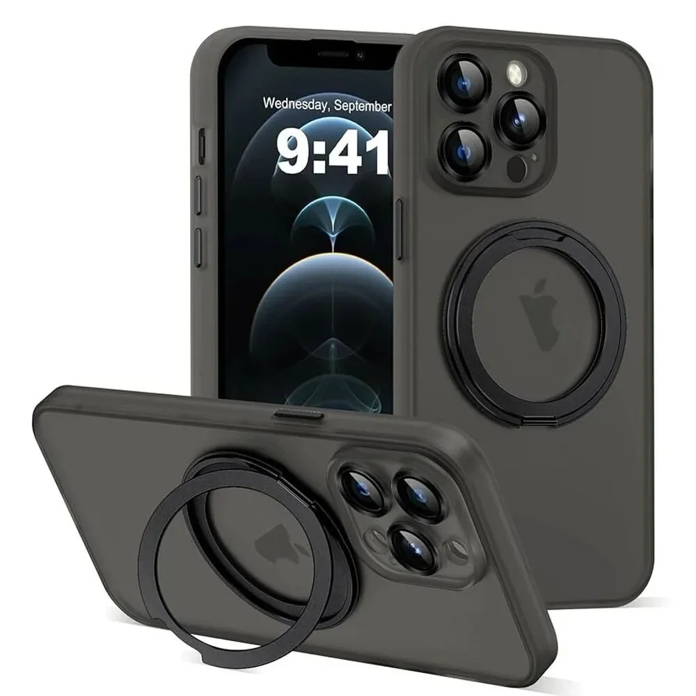 iPhone 12 Pro Max Case Black w/ Ring Stand & Lens Protection